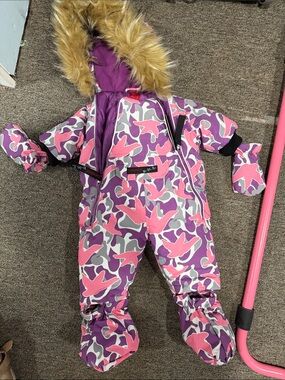 Kids Pink & Purple Camouflage Puffer Snowsuit with Faux Fur Hood